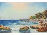 an oil painting of a beach scene with a sailboat in the distance