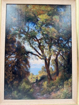 une peinture à l'huile représentant un sentier traversant une zone boisée, avec des arbres au premier plan