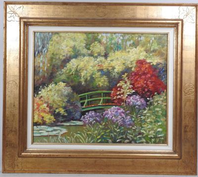 une peinture à l'huile représentant un jardin avec un pont et des fleurs