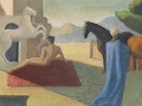 tableau représentant une femme assise sur un banc, avec un cheval en arrière-plan