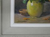 a painting of flowers in a green vase on a table
