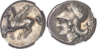 two silver coins with a horse and a bird on them