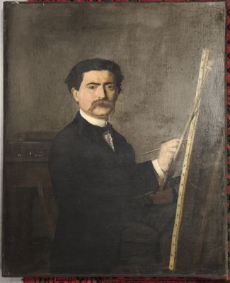 portrait d'un homme en costume noir tenant un pinceau et un tableau