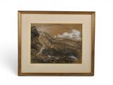 tableau représentant un paysage de montagne avec une rivière et des nuages