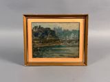 un tableau représentant un paysage fluvial avec un château au loin