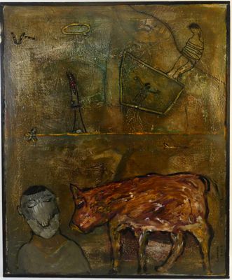an image of a painting of a man and a cow in a field