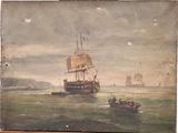a painting of a boat in the water with other boats in the water