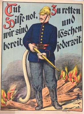 an old poster of a man in uniform holding a fire hose