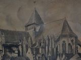 a painting of a church with a clock tower in the background