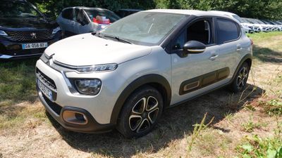 une petite voiture blanche garée dans un champ herbeux