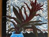 a painting of a plant in a blue vase on a table