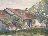 painting of a house with a red roof and a tree in front of it