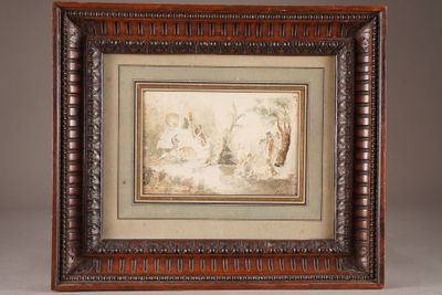 an old picture frame with a painting of a man and a woman