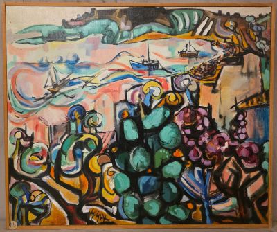 peinture représentant un tableau représentant un paysage désertique avec un bateau au loin