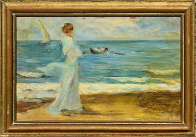 tableau représentant une femme en robe blanche sur la plage