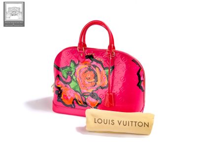 louis vuitton handbag in pink with floral design and cork stopper