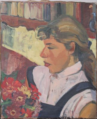 painting of a woman holding a bouquet of flowers in front of a bookshelf