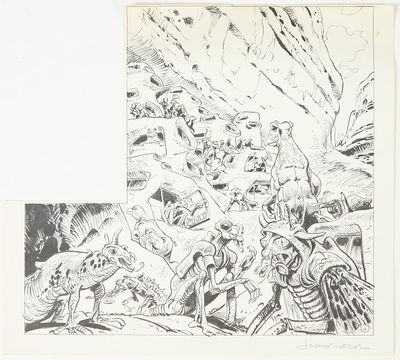 two pages of comic art depicting a group of people in a cave