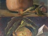 two paintings of vegetables on a table with a pot in the background