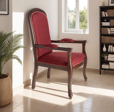 Fauteuil Voltaire, tissu bordeaux moucheté beige en hêtre ma…