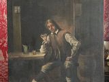 un tableau représentant un homme assis à une table devant un mur rouge
