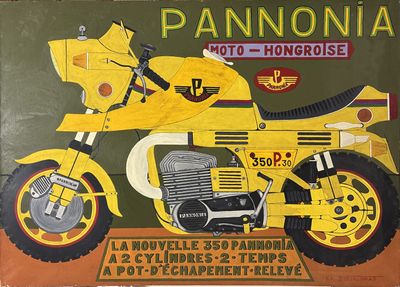 painting of a yellow motorcycle on a green background with the words pannonia on it