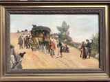 a painting of a group of people walking down a dirt road