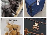 plusieurs photos représentant divers objets, notamment une valise, un ours en peluche, un cheval à bascule et un ours en peluche