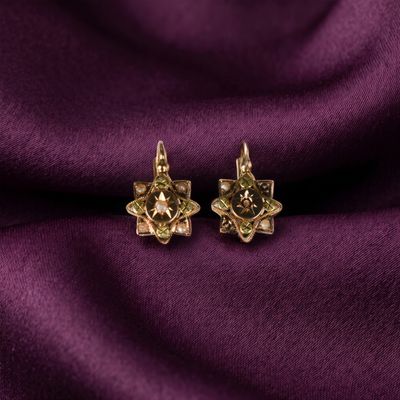 une paire de boucles d'oreilles en or posées sur un tissu violet
