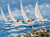 tableau représentant un groupe de voiliers sur l'océan, avec des mouettes qui volent tout autour