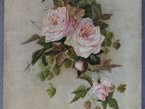 painting of a bunch of pink roses with green leaves on a white background