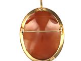 an image of a close up of a gold plated pendant with a red stone