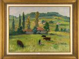 an oil painting of cows grazing in a field with a house in the background
