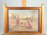 painting of a shepherd and his sheep in a landscape with a wooden easel