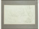 pencil drawing of a man and a dog in a wooded setting