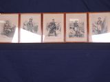 three framed pictures of a man sitting on a bench in front of a blue background