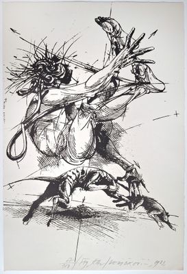 a black and white drawing of a man on a horse