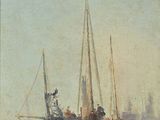 painting of a group of people standing around a boat on a body of water