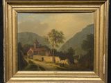 une peinture à l'huile représentant une scène de campagne avec des vaches et une maison en arrière-plan