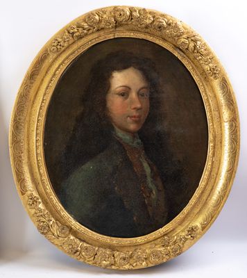 tableau représentant un jeune homme vêtu d'un manteau vert, dans un cadre doré
