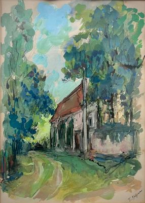 une peinture à l'huile représentant une maison dans un champ avec des arbres en arrière-plan