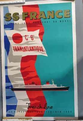 a poster on the wall of a train station with a picture of a ship on it