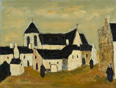 une peinture à l'huile représentant une église sur une colline, avec le ciel en arrière-plan