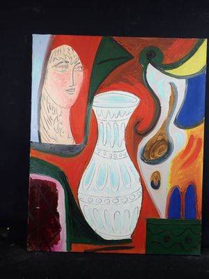 un tableau représentant une femme et un vase posés sur une table