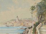 un tableau représentant une vue d'une ville au bord de l'eau