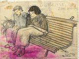 drawing of a man and woman sitting on a park bench