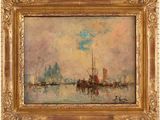 une peinture représentant des bateaux dans un port, avec le ciel en arrière-plan