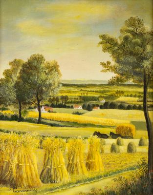 une peinture à l'huile représentant une scène de campagne avec des balles de foin et des arbres