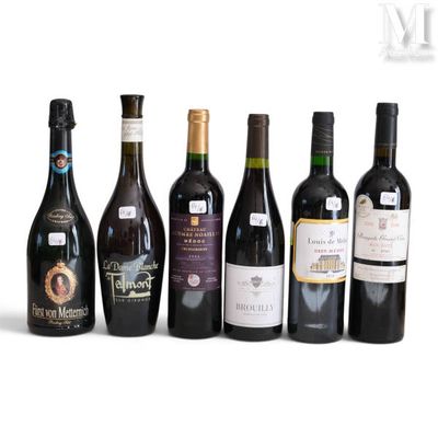several bottles of wine are lined up on a white surface