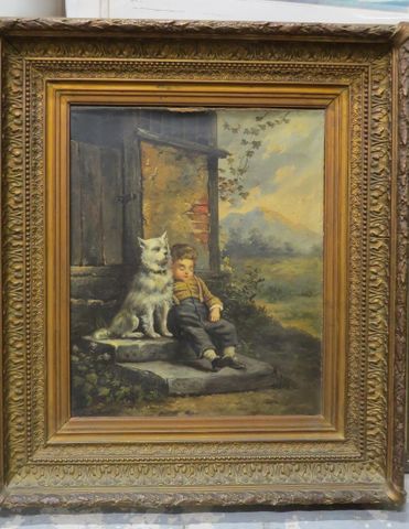Charles DESHAIS : « l’enfant et son chien », huile sur toile, sig...